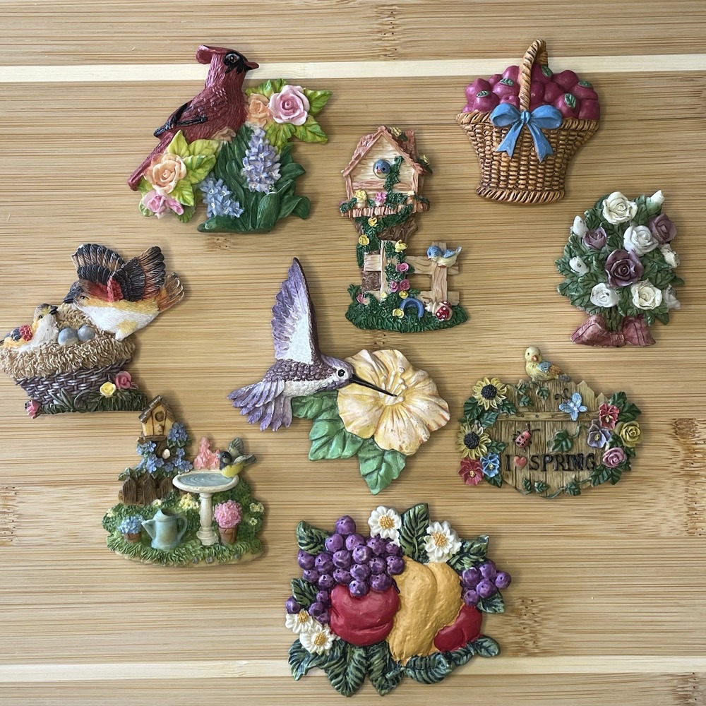 Vintage Bird With Flowers Magnetic Refrigerator Magnets Lot Of 9 Cute 3D Design